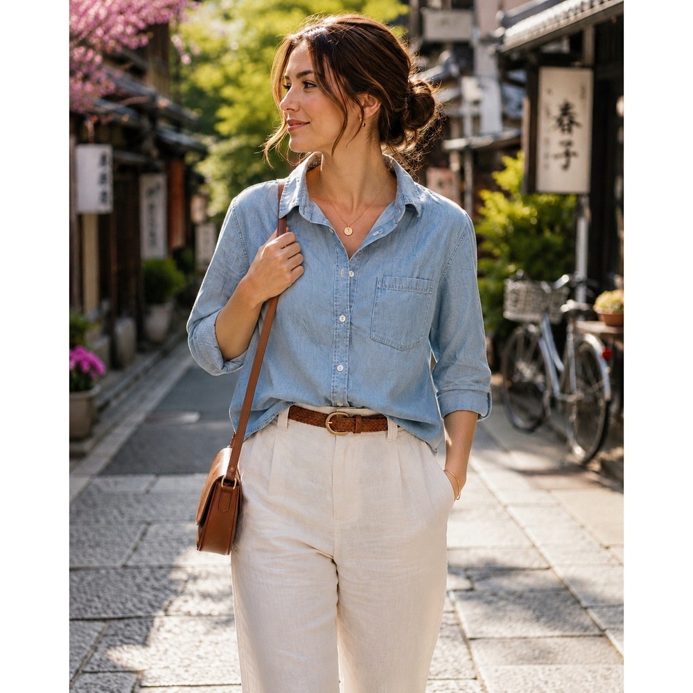 ITEMS Urban Research Womens Light Wash Chambray Button Down Shirt Blue Size 38